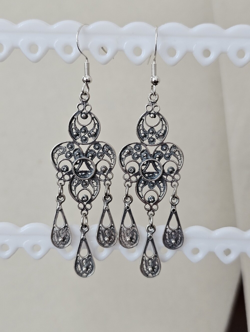Sterling Silver Filigree Chandelier Drop Earrings Vintage-Inspired